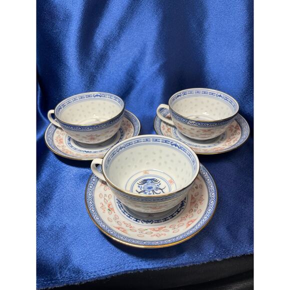 Set of 3 Chinese Grain of Rice Porcelain Tea Cup and Saucer - Picture 1 of 9